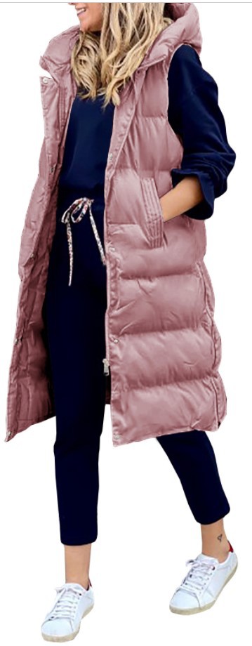 2022 autumn and winter solid color hooded long cotton-padded jacket women's loose warm casual fashion single-breasted zipper sleeveless jacket_voghion.com