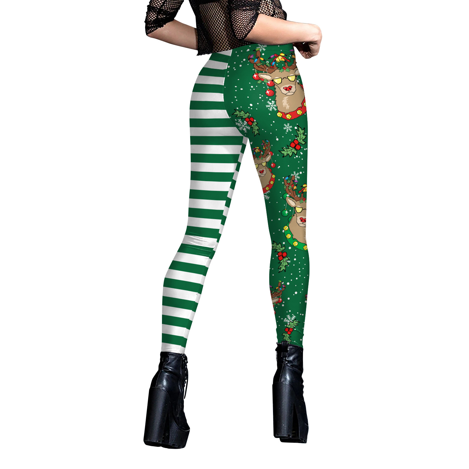 Europe and the United States cross-border explosions Christmas women's digital printing striped stitching elk leggings elastic women's pants yoga pants