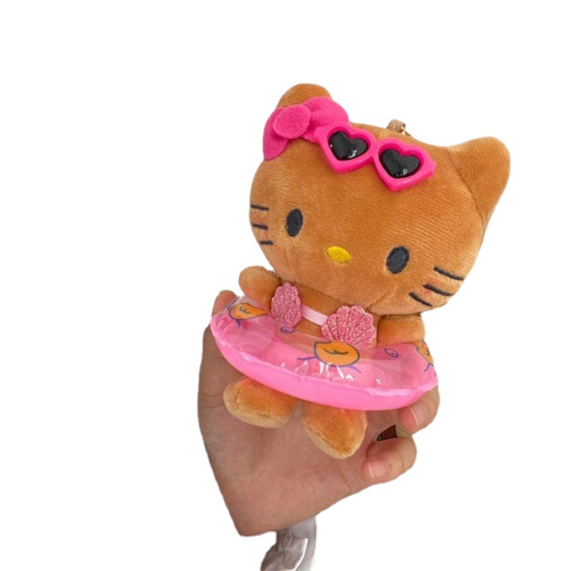 Meow Ning Sauce ~ Hawaiian Style Black Leather kitty Cat Pendant Cartoon Cute Plush Swimming Ring Toy Bag Pendant