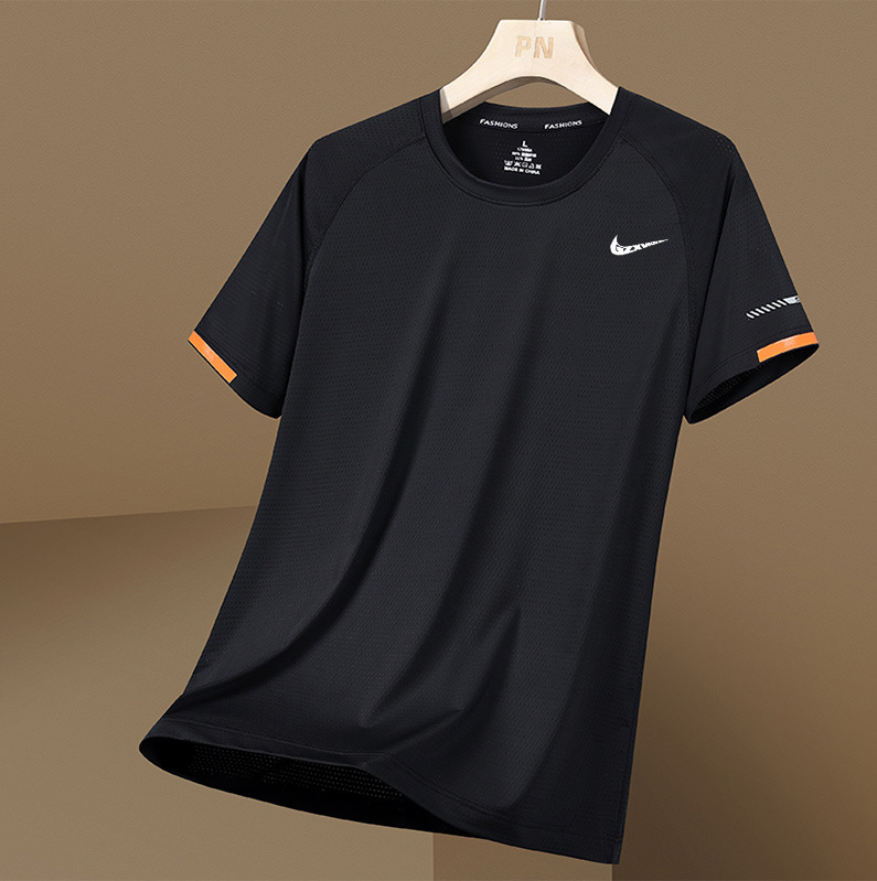 Large size Summer Ice Silk quick-drying short-sleeved T-shirt men's sports loose thin round neck top sweat-absorbent breathable foreign trade style