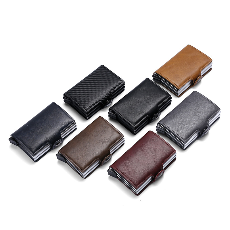 2023 new double-layer aluminum card box card holder men's wear-resistant PU automatic pop-up card holder carbon fiber wallet