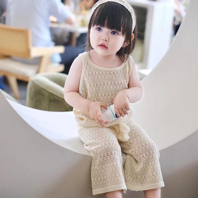 Children's clothing wholesale spring clothing ins children's clothing thin girls' knitwear baby hollow vest baby wide leg pants suit