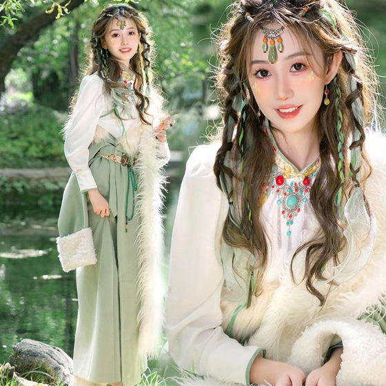 Yunnan Internet Celebrity Tibetan Robe Blue Pink Tibetan Female Ethnic Style Portrait Tibetan Travel Photograph Girlfriend Photo Studio Photo Clothing