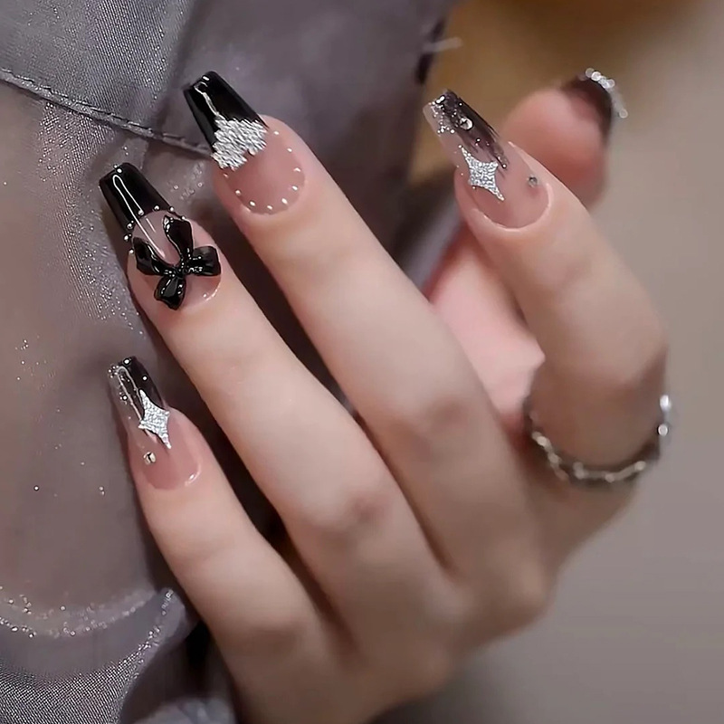 Mid-length Sweet Cool Mysterious Black Bow Stereo Shining Love Pearl Wearing nail nail