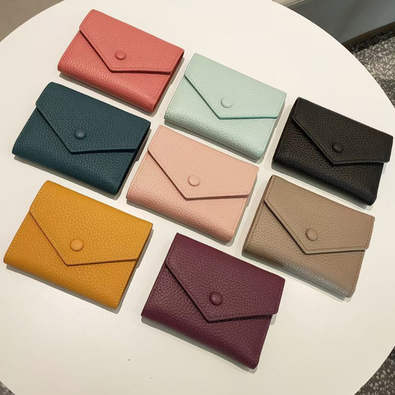 女士錢包真皮短款牛皮零錢包三折搭扣頭層牛皮小卡包小巧wallet