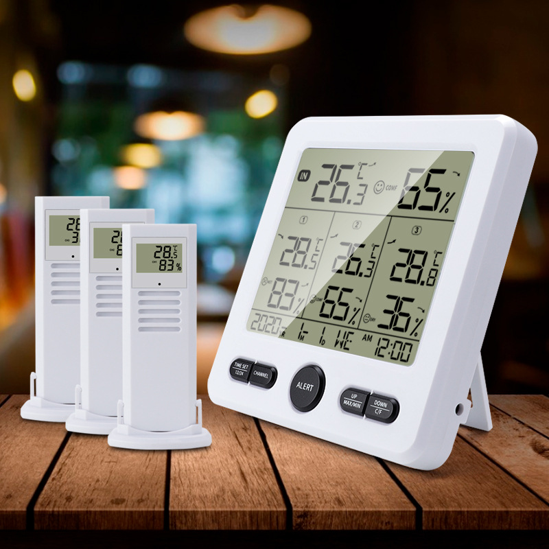 Amazon new one-to-three wireless indoor and outdoor digital temperature and humidity meter large screen with color alarm monitor