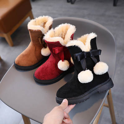 Children's Snow Boots Girls Winter Fleece-lined Bow Non-slip Fur One-piece Girls Thickened Boots Cotton Shoes