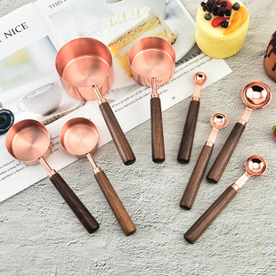 Stainless steel measuring cup measuring spoon 8 piece set baking utensils with scale measuring spoon walnut handle rose gold measuring spoon