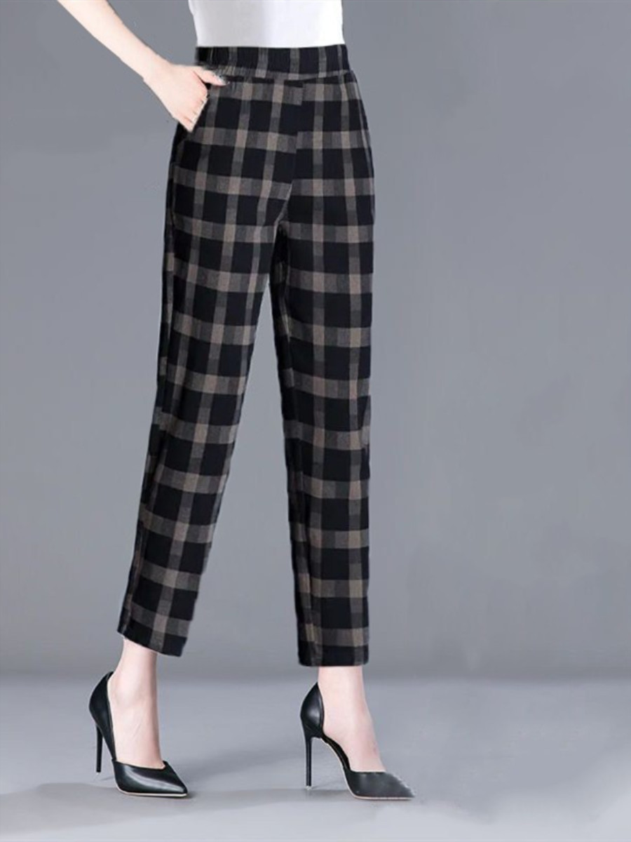 100 Cotton Women's Pants Large Size Cropped Pants Women's 2023 Summer New Arrival Loose Harlan Straight Casual Pants Women's Plaid