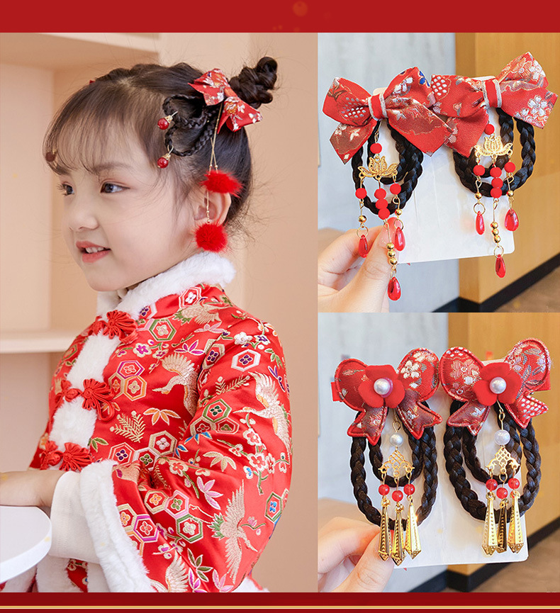 Neue Jahr Chinesischen stil baby perücke geflecht kinder antike haarnadel bogen haar zubehör Chinesische kleidung kopfschmuck großhandel_voghion.com