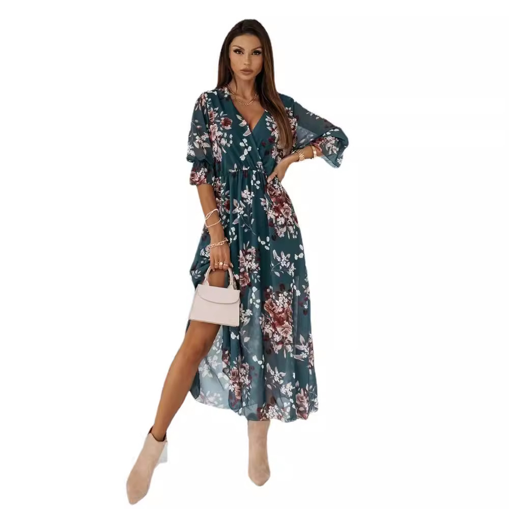 2022 Women's Fashion V-neck Slim Fit Side Slit Chiffon Printed Dress