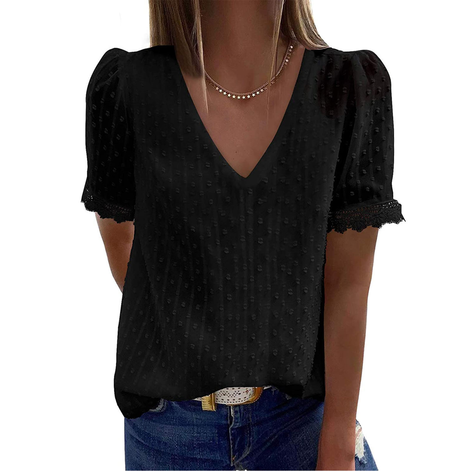 Solid Color Jacquard Lace V-Neck Casual Shirt