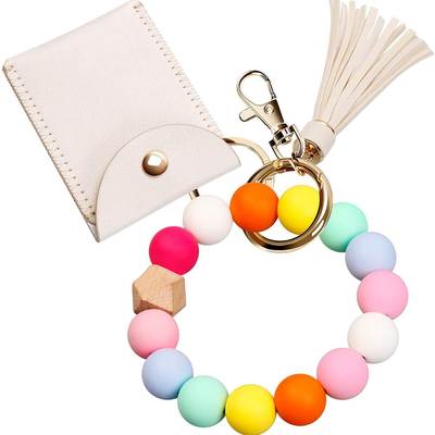 European and American Silicone Beaded Tassel Card Holder Spring Ring Keychain Leather Tassel Coin Purse Silicone Bracelet Key Ring