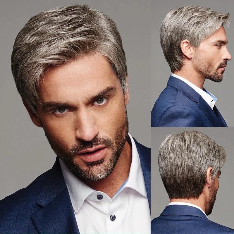 New men's cross-border AliExpress wig European and American brown gray oblique points Factory Direct wig Men