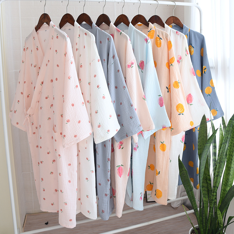 MUJI-style Fresh Japanese Style Pure Cotton Washed Gauze Long Kimono Nightgown Nightgown Cardigan Lace-up Bathrobe Sweatshirt