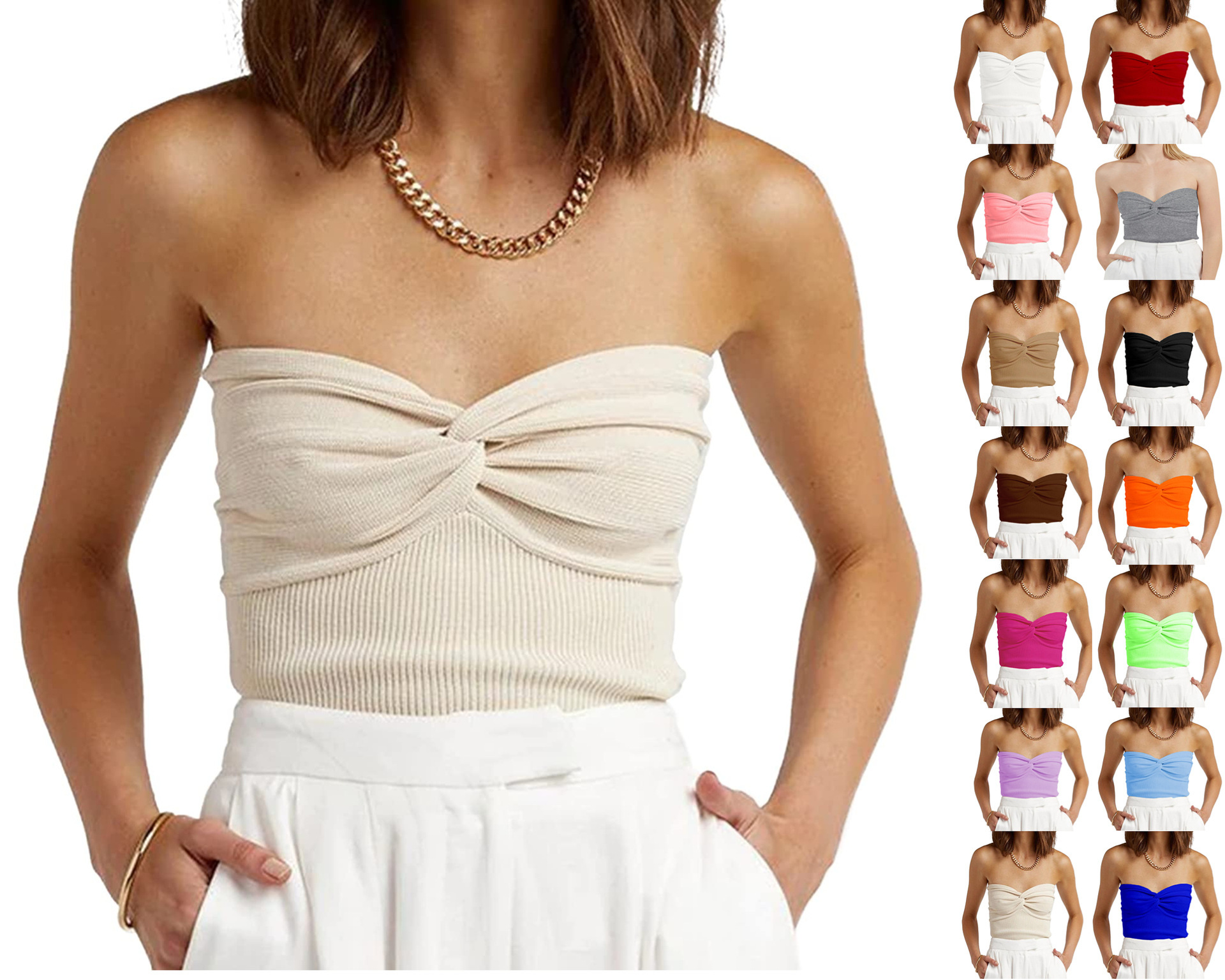 2024  European and American Spring and Summer New Solid Color Twisted Sling Short Tight Backless Tube Top Sweater Women's Clothing_voghion.com