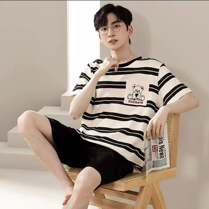 Youth men's pajamas summer short sleeve thin loose casual casual casual home wear for suit can be worn outside