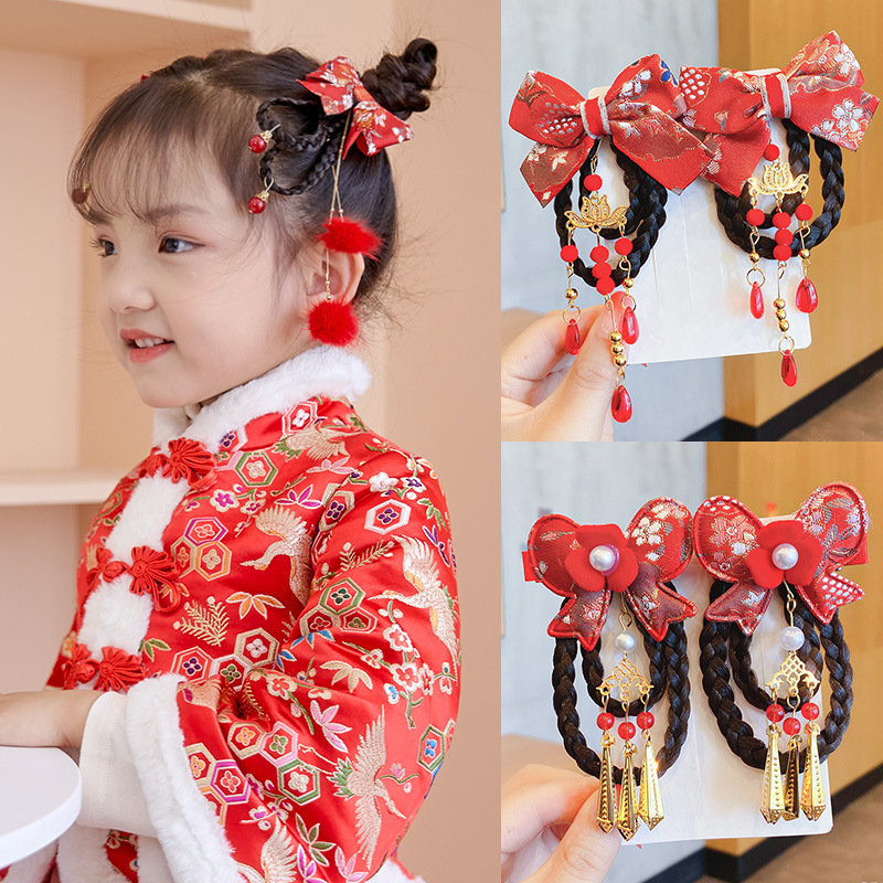 Neue Jahr Chinesischen stil baby perücke geflecht kinder antike haarnadel bogen haar zubehör Chinesische kleidung kopfschmuck großhandel_voghion.com