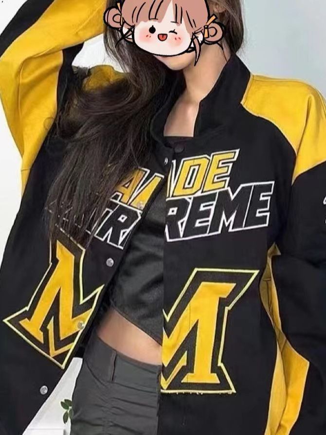 American Retro Street High Street Heavy Industry Racing Motorcycle Jacket Retro Color Crossblock Letters Men's and Women's National Fashion Loose Jacket