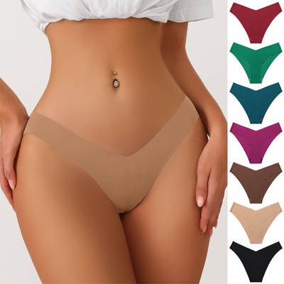 European and American Plus Size Seamless Ice Silk Underwear Women's V-shaped Waist One-piece Pure Cotton Crotch Breathable Women's Briefs