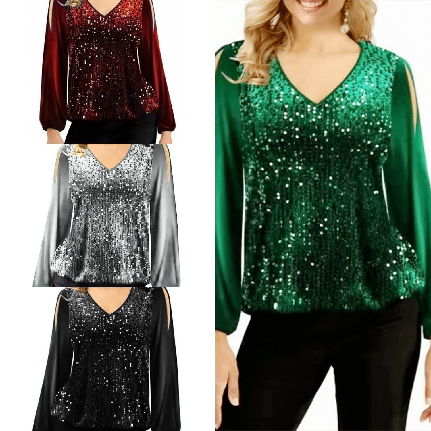  spring and summer European and American V-neck pullover tops with sequins and missing shoulders, fashionable lantern sleeves women's T-shirts