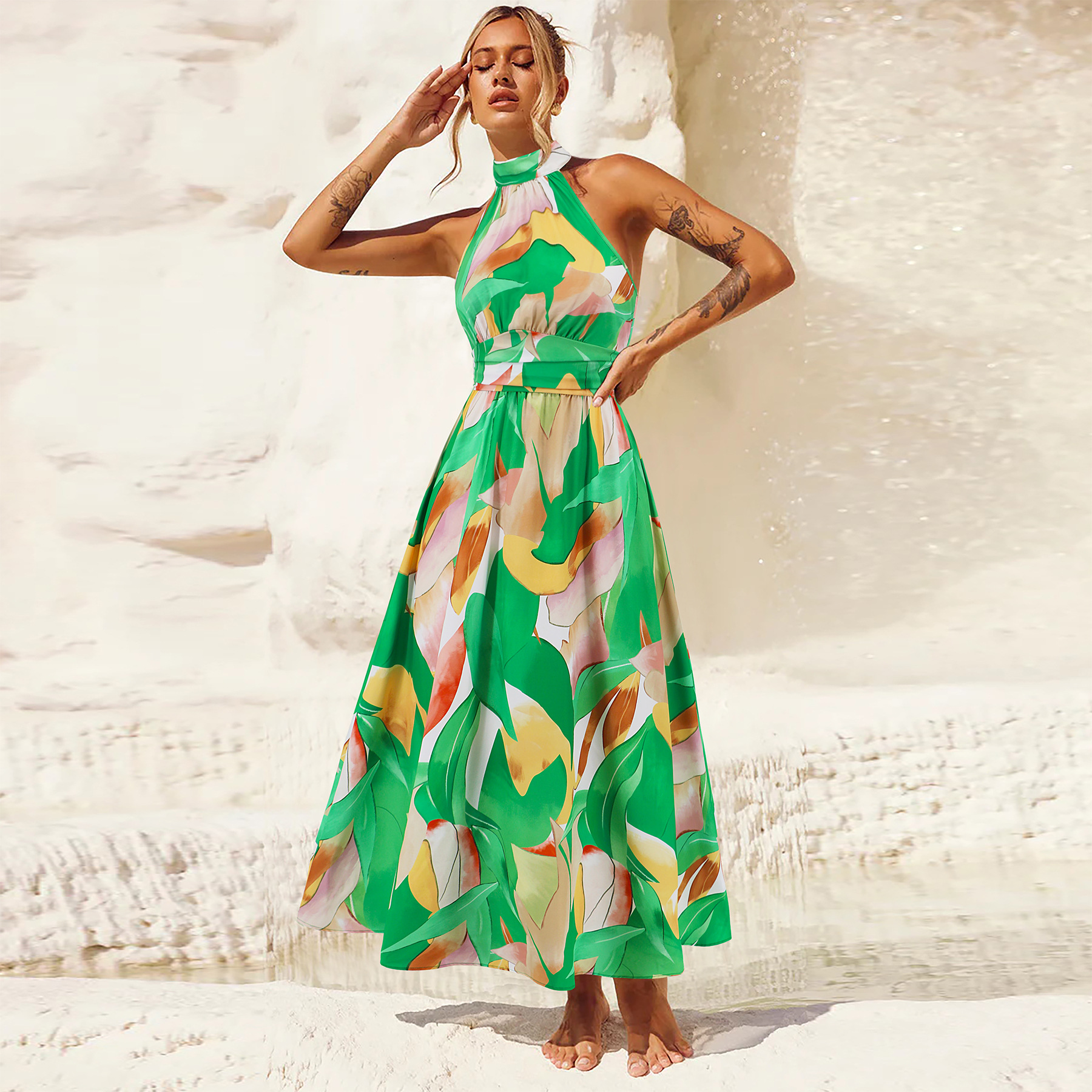 Sexy stand collar sleeveless printed skirt cross-border foreign trade women's new mid-length dress European and American foreign trade explosions