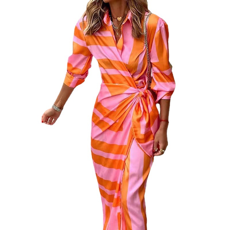 2022 European and American Cross-border Foreign Trade Women's New Fashion Printed Shirt Collar Lace Long Striped dress