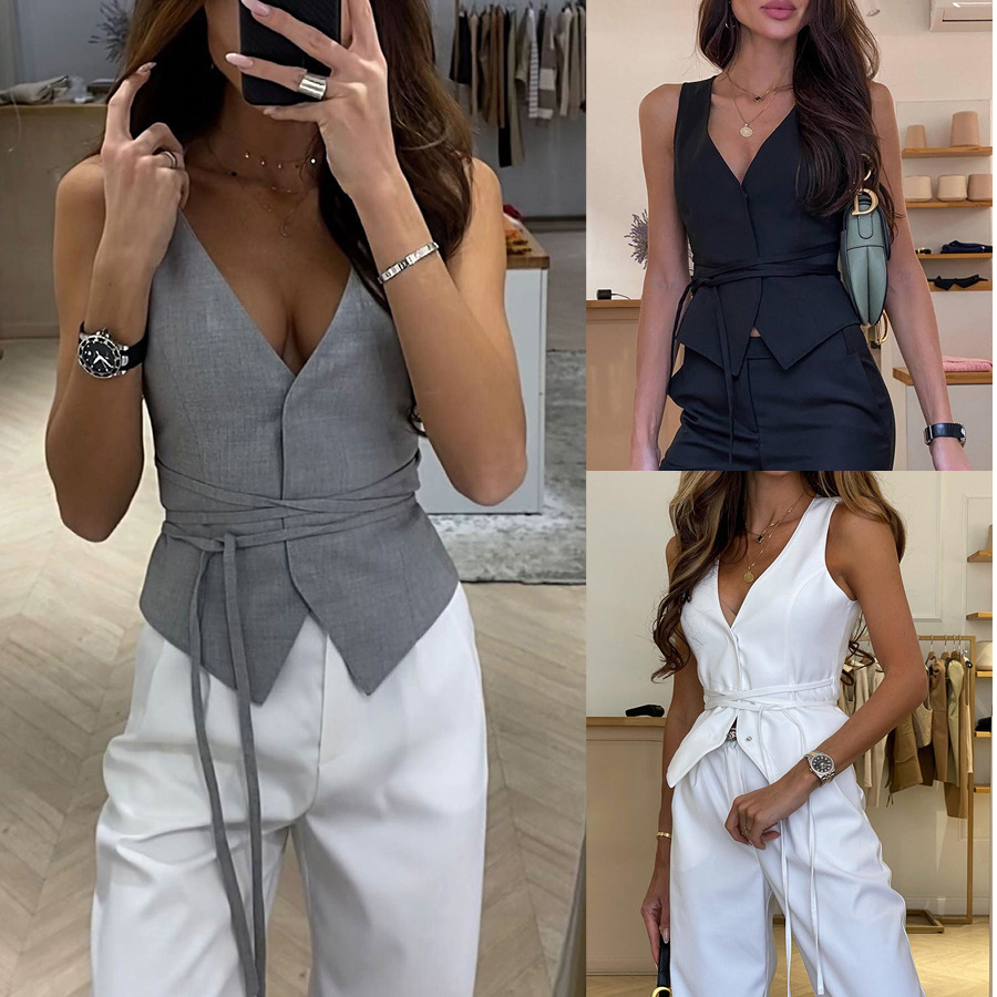 Cross-border 2024 European and American spring and summer new lace-up casual women's tops INS vacation loose multi-color fashion vest
