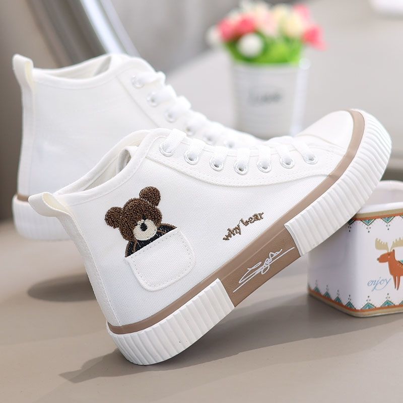 High-top pocket bear canvas shoes women's versatile cute sneakers women's 2023 new autumn niche design sneakers