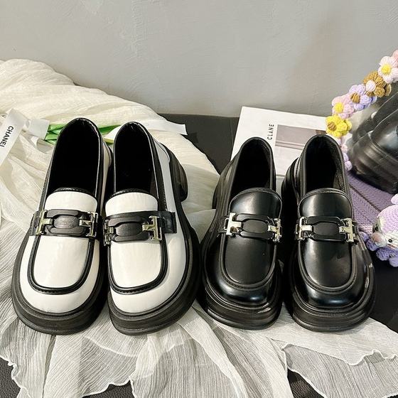British style low-cut loafers 2023 autumn new color matching women's single shoes jk muffin leather shoes thick sole hidden height women's shoes