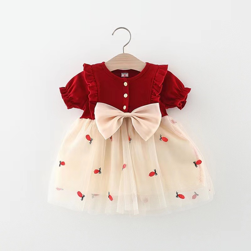 1547 New Girls' 2023 Baby Girl Summer Dress Solid Color Pineapple Mesh Stitching Dress Girls' Hair