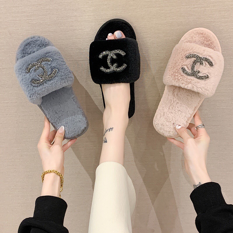 Amazon Mao Mao Slippers Women's Autumn and Winter New Home Bright Diamond Flat Bottom Warm One-word Tow Net Popular Fashion Cotton Slippers