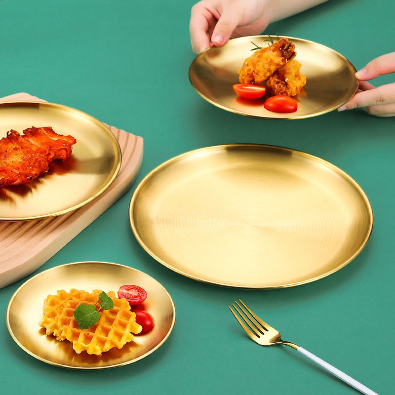 304 Stainless Steel Disc Plate Korean Style Barbecue Plate Fruit Plate Cake Plate Bone Spitting Plate Vintage Tray Tableware