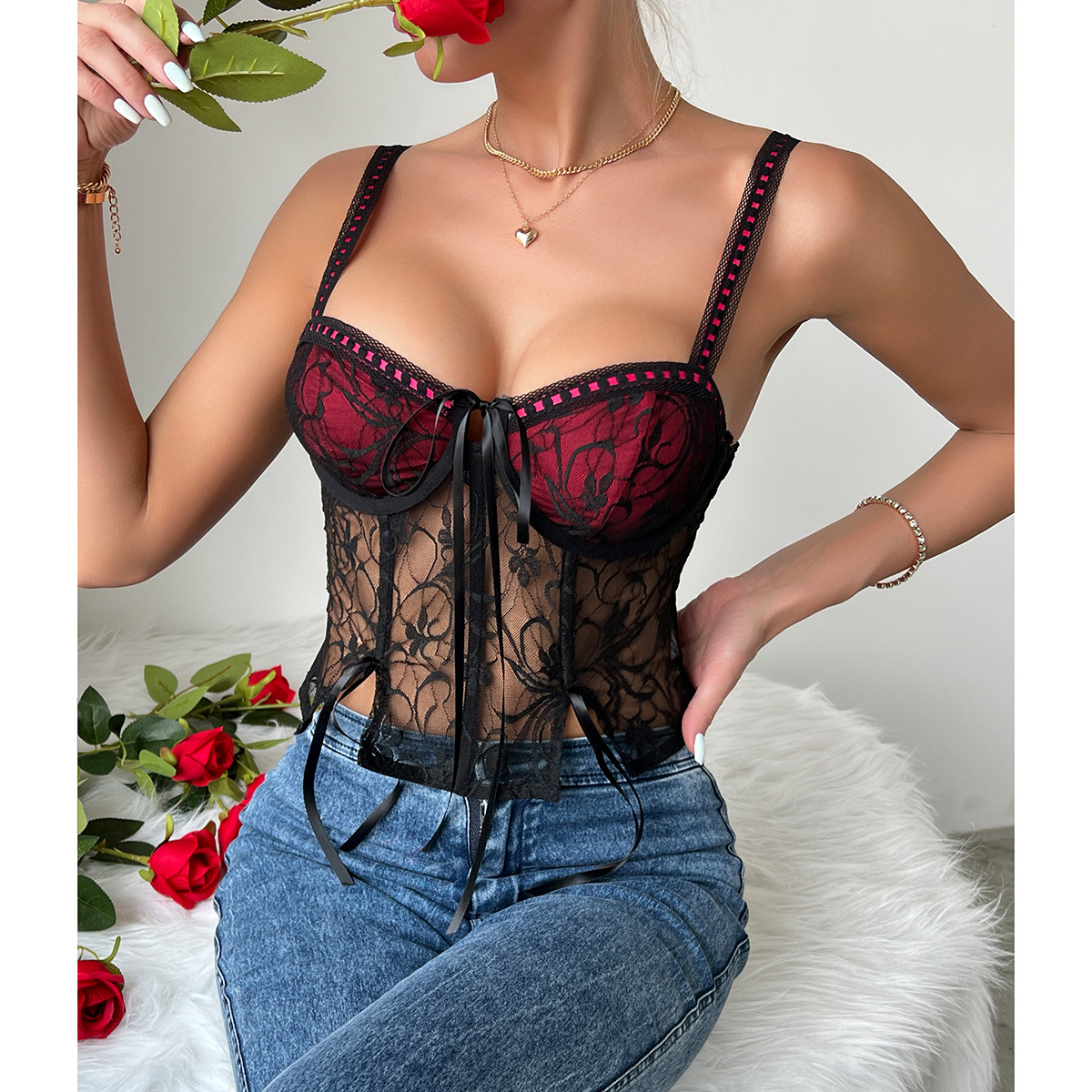 Cross-border European and American style new y2k hot girl sexy wine red lace stitching tie steel ring Fishbone small sling W0011