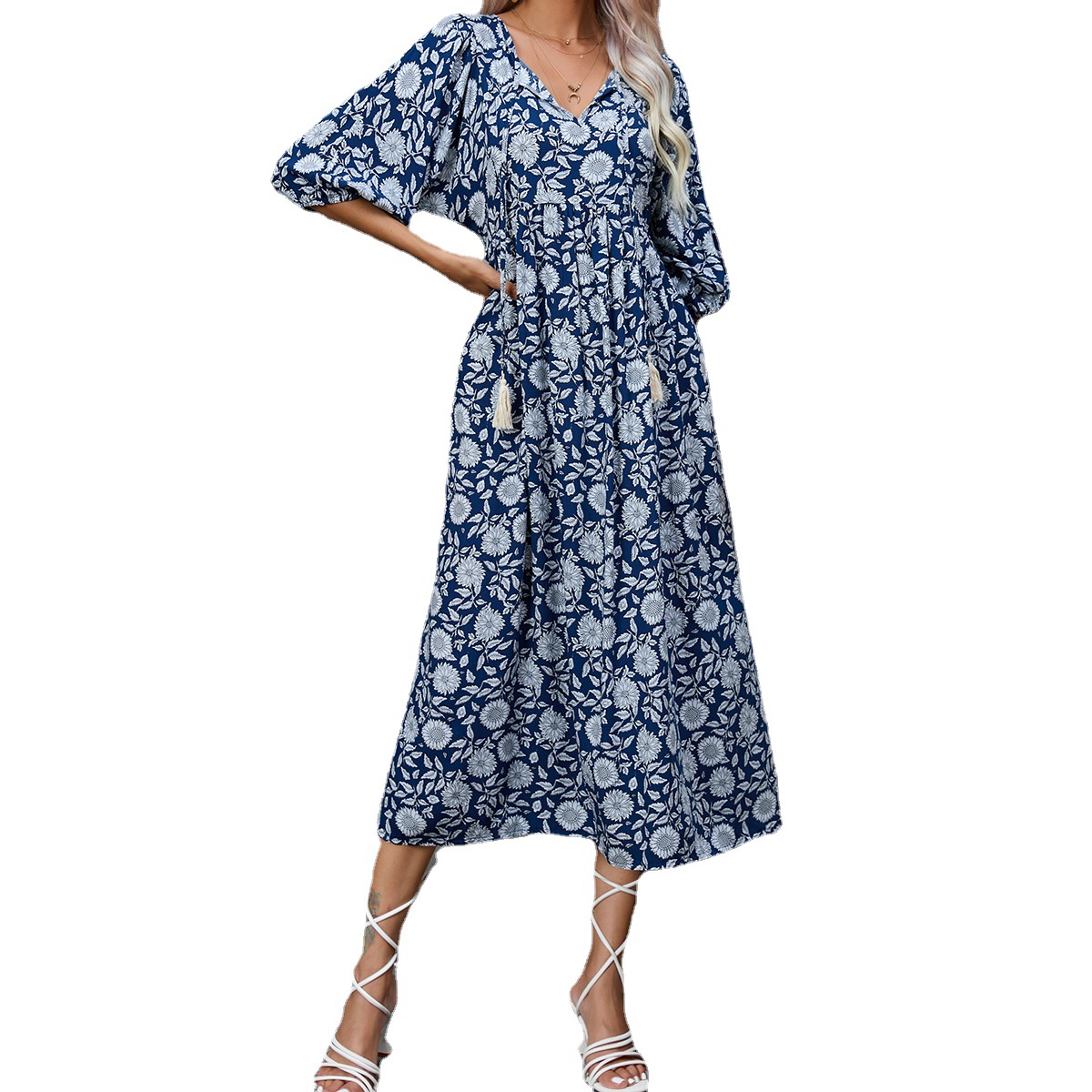 Cotton half sleeve beach Bohemian V-neck dress women