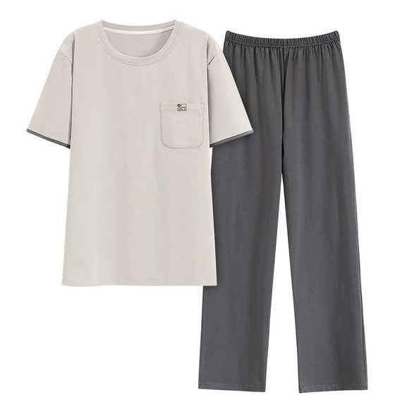 Men's pajamas men's summer short-sleeved trousers half-sleeved cotton summer suit boys British-style home wear spring and autumn