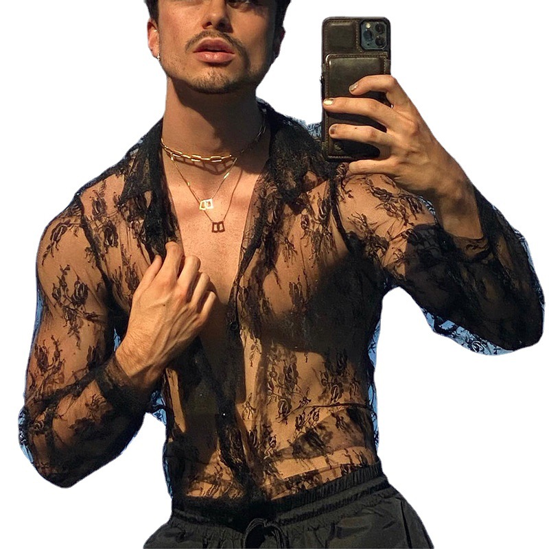 Cross-border Men's European and American Spring Casual Perspective Top Slim-fit Fashion Long-sleeved Sexy Shirt Men's Lace Shirt
