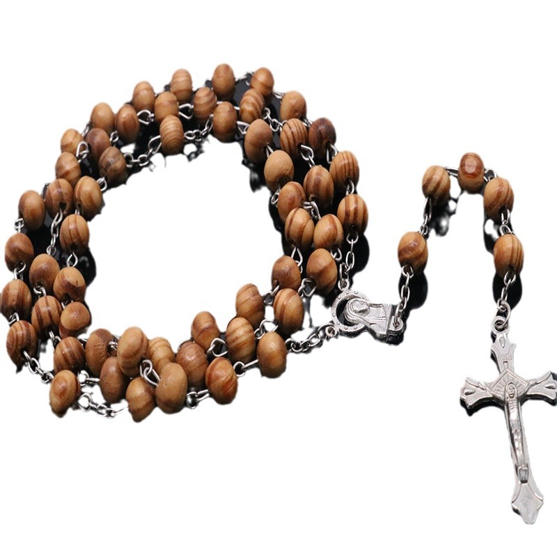 European and American cross-border hot selling foreign trade rosary necklace 8mm wooden wooden beads rosary ten Z stand pendant necklace