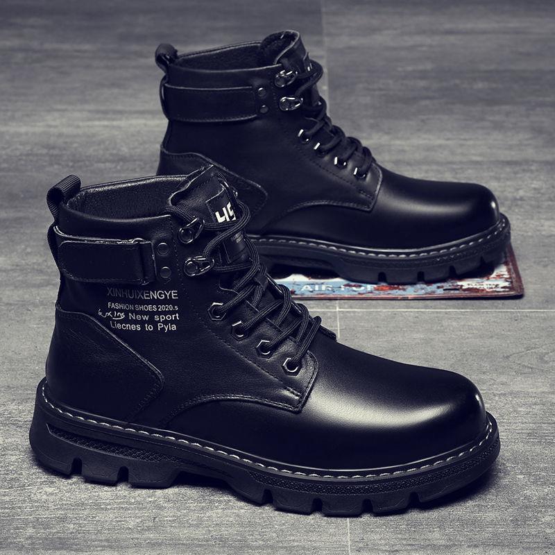 2022 New Autumn and Winter fleece-lined Martin Boots Men's Mid-range British Casual Thick Black Tooling Leather Boots
