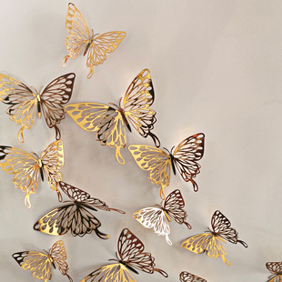 12 Pack 3D Metallic Three-Dimensional Hollow Butterfly Wall Stickers Cross-Border Amazon Wedding Festival Home Decoration