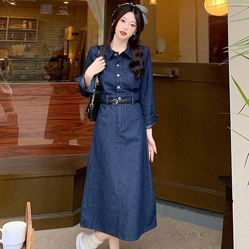 plus size Women's chubby girl Early Autumn Tibetan Flesh Slimming Denim dress Temperament Retro Design Mature Light Luxury Dress