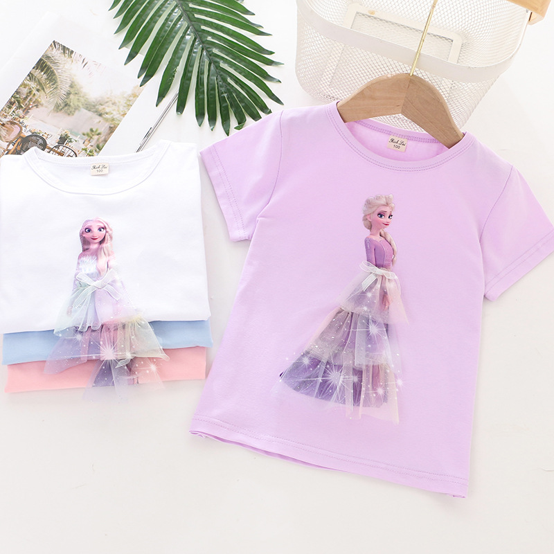 2024 children's clothing new summer girls' T-shirt bottoming shirt three-dimensional Princess top gradient mesh factory one-piece delivery