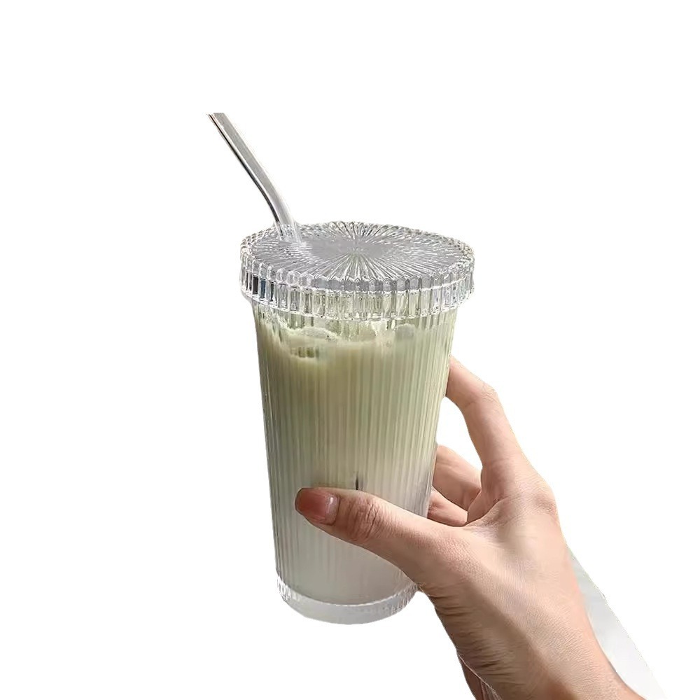 Vertical pattern coffee cup ins style household simple straw glass cup with lid face value milk tea latte cup drinking cup