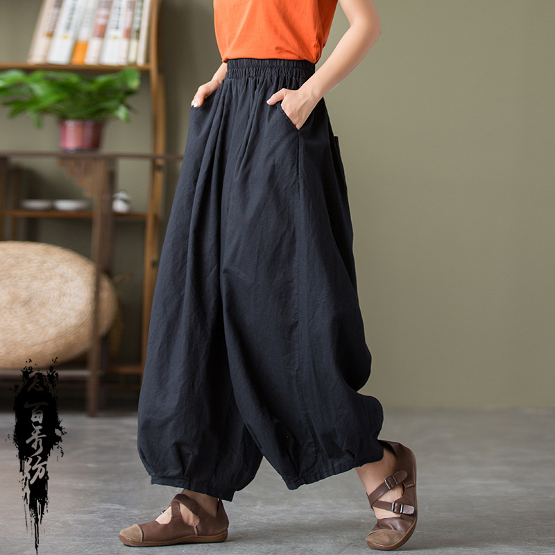 24 Spring and Summer Cotton and Linen Women's Clothing New Sand Wash Linen Bloomers Women's Loose Casual Pants with Loose Waist Ankle-length Pants