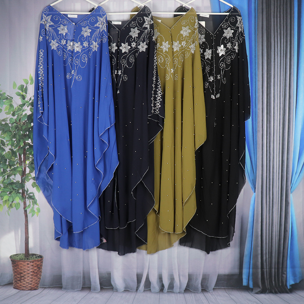 Cross-border Africa Europe and the United States dress robe Pearl chiffon heavy industry hot drilling gun bead source factory spot + inner skirt
