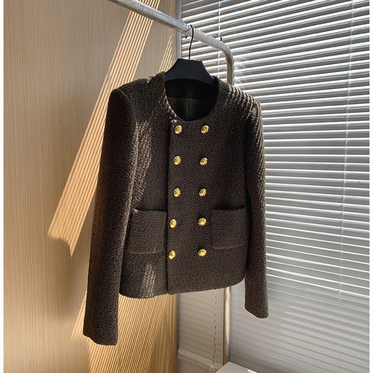 2023 Spring and Autumn New elegant socialite Chanel style double breasted coat women's round neck long sleeve tweed top women