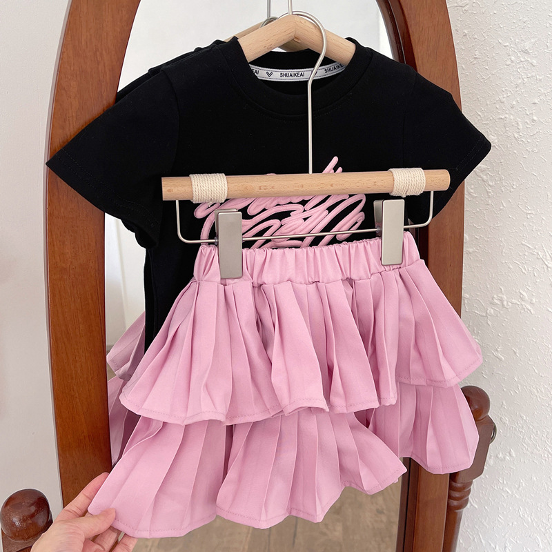 2024 summer children's clothing baby girl suit short-sleeved thin section children's T-shirt skirt pants two-piece set dropshipping