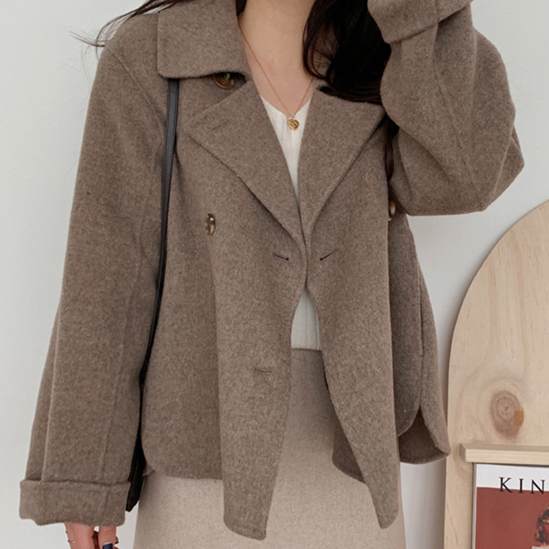 Women's French-Inspired Wool Blend Blazer, Double-Breasted Oversized Coat, Chic Fall/Winter Outerwear_voghion.com