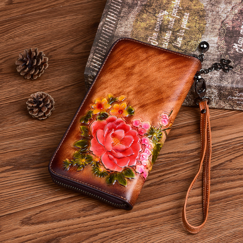 Live Daifa New Style Retro Chinese Style Wallet Top Layer Cowhide Small Handbag Multi-Card Long Zipper Clutch