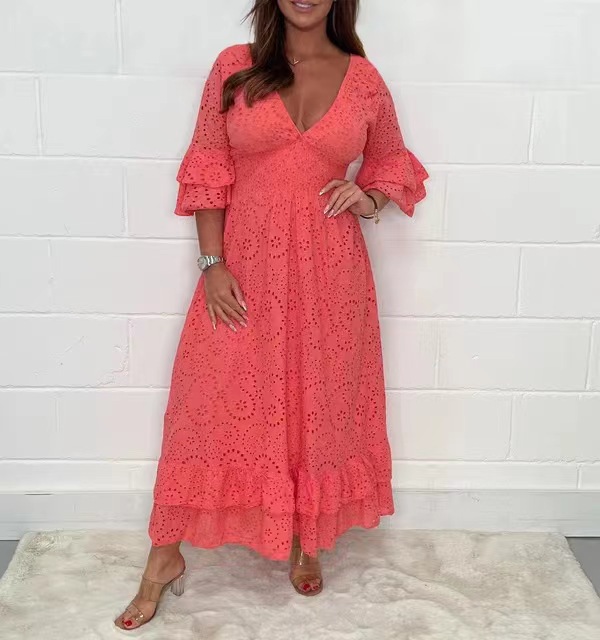 2023 Amazon wish independent station cross-border new fashion foreign trade loose high waist embroidered solid color dress